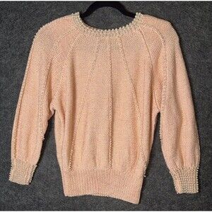 Vintage Nannell Pastel Pink Beaded Sweater - Hand Knit Rayon Wool Blend - Size S